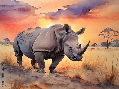 rhino in sunset