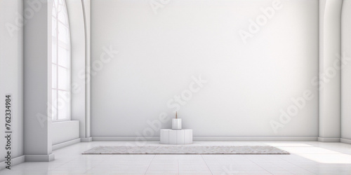 3D rendering, interior of a bright empty white room with a large arched window and a carpet on the floor.