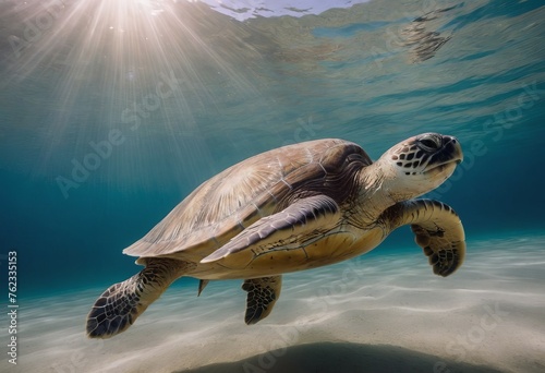 A magnificent giant golden sea turtle spreads its paws and swims in the blue depths of the sea