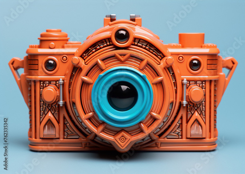 3D rendering of a steampunk mechanical device with gears and cogs in a copper finish on a gray background.