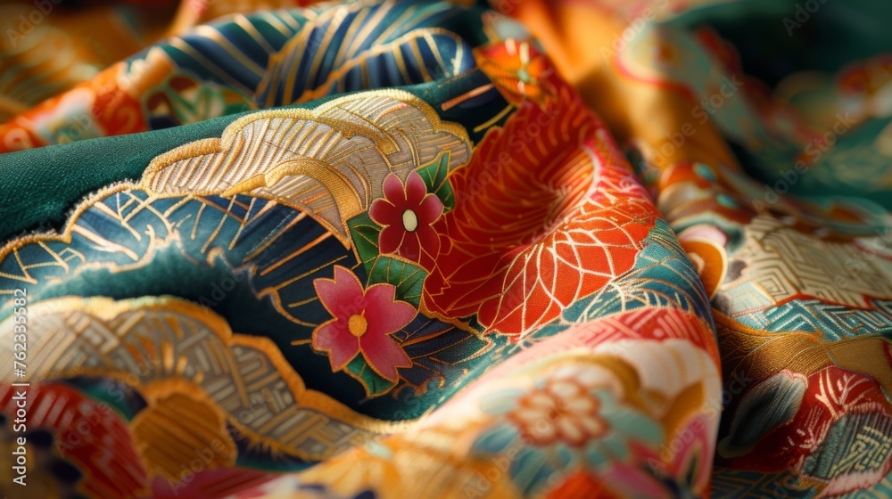 Japanese fabric displays intricate traditional floral motifs and ornate ornaments, perfect for kimono designs.