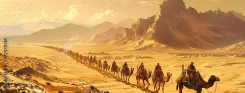 a caravan s passage through a vast expanse of sand  with camels and travelers weaving in a graceful  snaking line.
