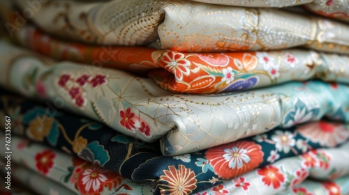 Japanese fabric displays intricate traditional floral motifs and ornate ornaments, perfect for kimono designs. photo