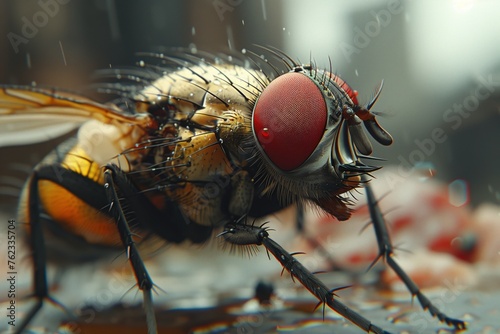 a close up of a fly eating another fly on a table