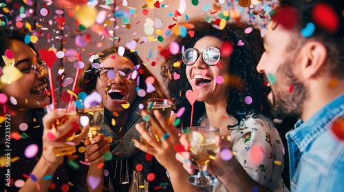 A group of friends celebrating at an office party, laughing and holding drinks with confetti flying around them.Concept of friendship and social event.