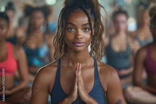 Women of various backgrounds come together in a yoga class to learn stress-relieving techniques from an instructor. Concept Yoga Class, Stress Relief, Diversity, Women Empowerment, Mindfulness