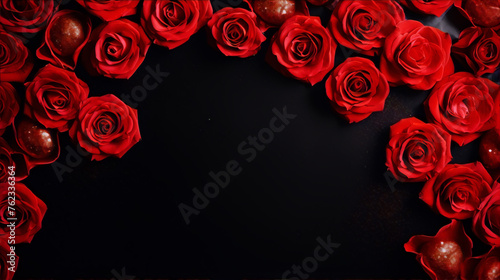 Red roses and red glitter hearts on a black background