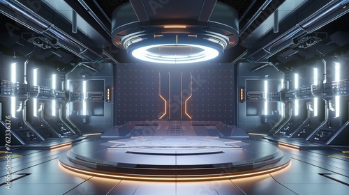 Futuristic empty stage. Modern Future background technology Sci-fi interior concept. 3d rendering