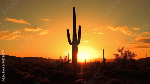 A stunning sunset behind a towering cactus, perfect for desert-themed designs © Fotograf