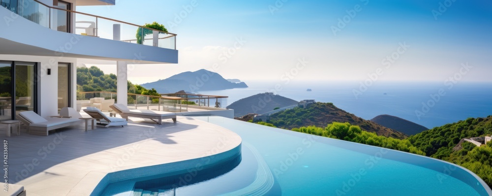 A panoramic view of a modern, luxury villa perched on a cliff with an infinity pool overlooking the serene sea.