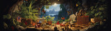 Surreal painting of a cave interior with a hidden entrance to a tropical paradise.
