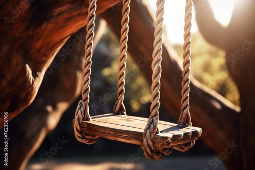 A wooden swing hanging from a tree in a park. Suitable for outdoor and leisure concepts