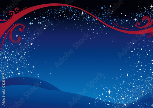 Blue elegant christmas background with red swirls and snowflakes.
