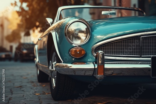 A blue car parked on the side of the road, ideal for transportation concepts