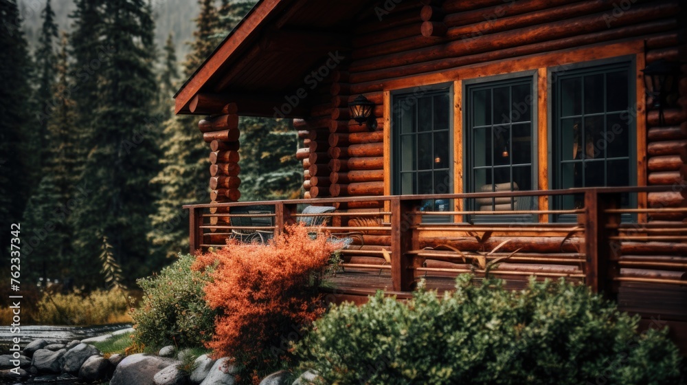 A cozy log cabin with a spacious porch and balcony. Ideal for real estate or vacation concepts