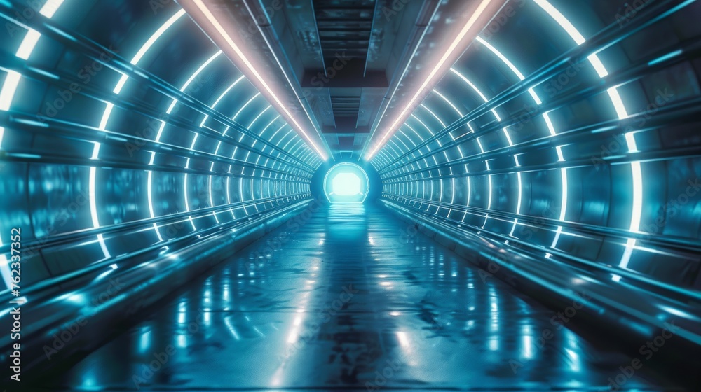 Spaceship corridor. Futuristic tunnel with light, interior view. Future background, business, sci-fi or science concept