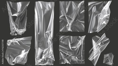 A realistic modern illustration set of cellophane or polythene seal wrapper mockup - whole with wrinkles and folds and torn square vinyl wrap with overlay effect. photo