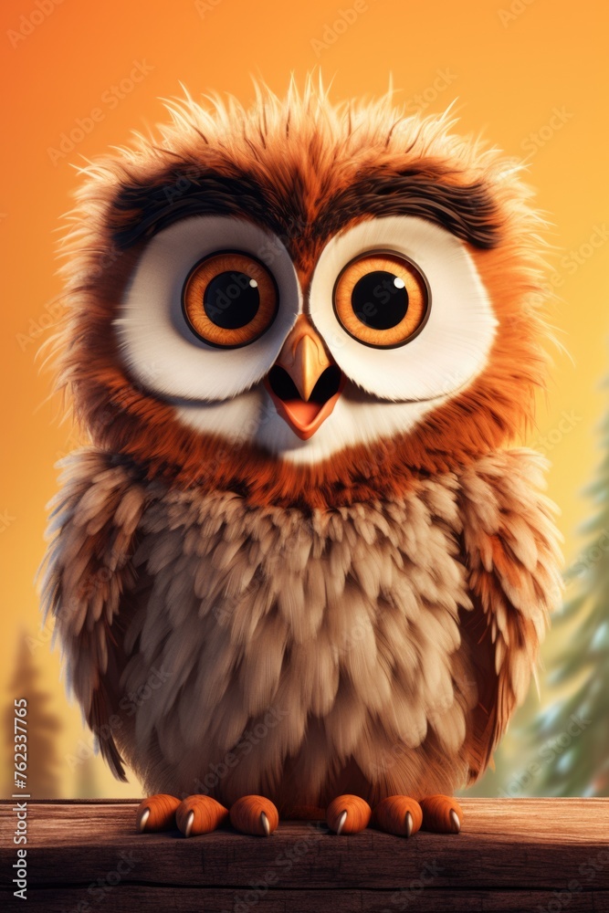 Fototapeta premium Cute cartoon owl sitting on a wooden fence, perfect for children's books or educational materials