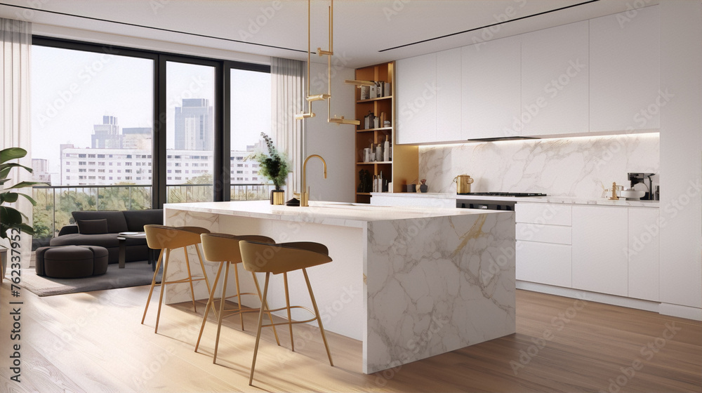 3d rendering of a modern kitchen with white cabinets, marble countertops, and gold accents in the art deco style with a focus on minimalism and luxury.