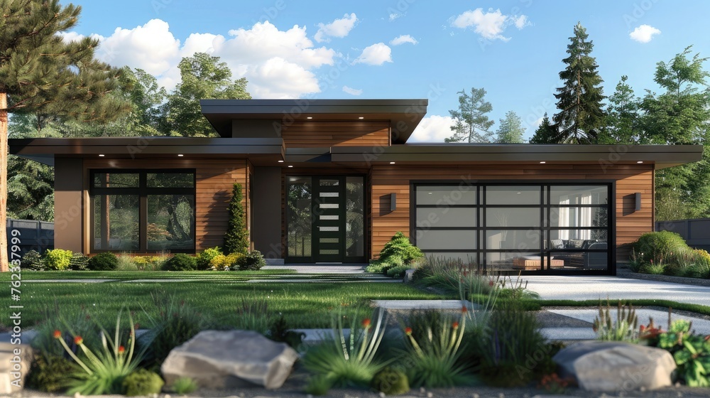 New construction home exterior with contemporary house plan features low slope roof, brown siding and glass garage door.