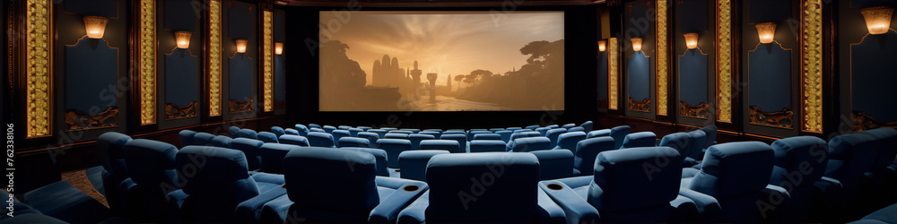 An empty cinema auditorium with blue velvet seats and golden wall sconces.