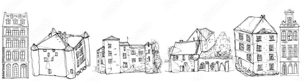 Fototapeta premium French house building. Hand drawn castle vector illustration Set