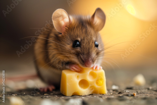 Cute brown mouse with cheese on the table. Close up.