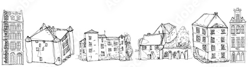 French house building. Hand drawn castle vector illustration Set