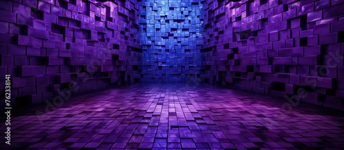 A room decorated in shades of purple, violet, and electric blue, with brick floors and walls. The symmetry of the patterned fixtures creates a sense of art in the darkness photo
