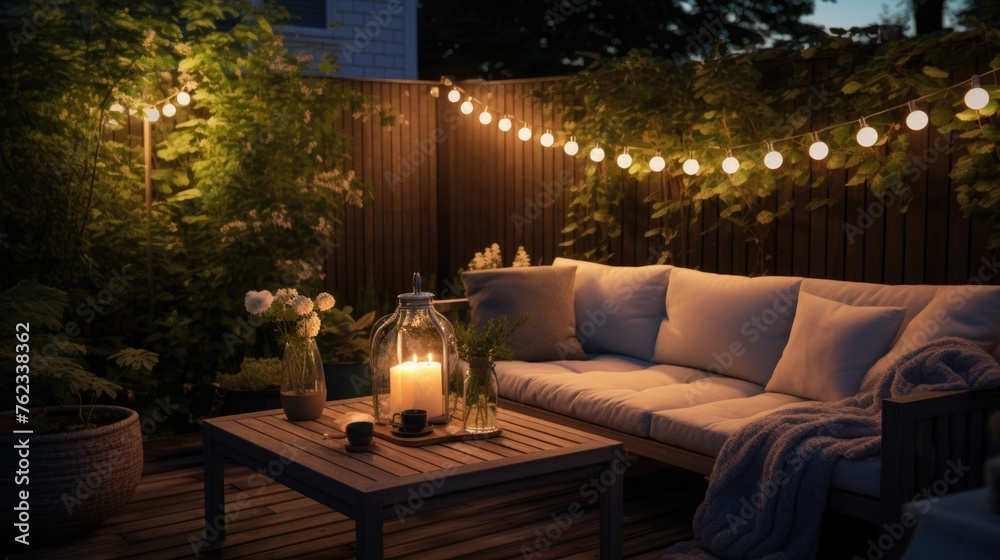 A relaxing patio setup with a cozy couch and flickering candles. Perfect for home decor or outdoor living spaces