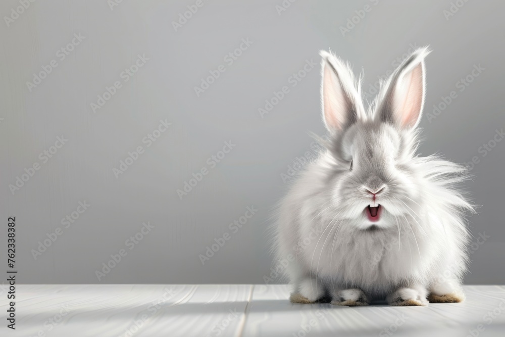 Obraz premium Cute white bunny or rabbit pet animal laughing and smiling isolated on white with empty space. Funny portrait for Easter holiday, spring season, pet shop, veterinary clinic, and animal welfare design