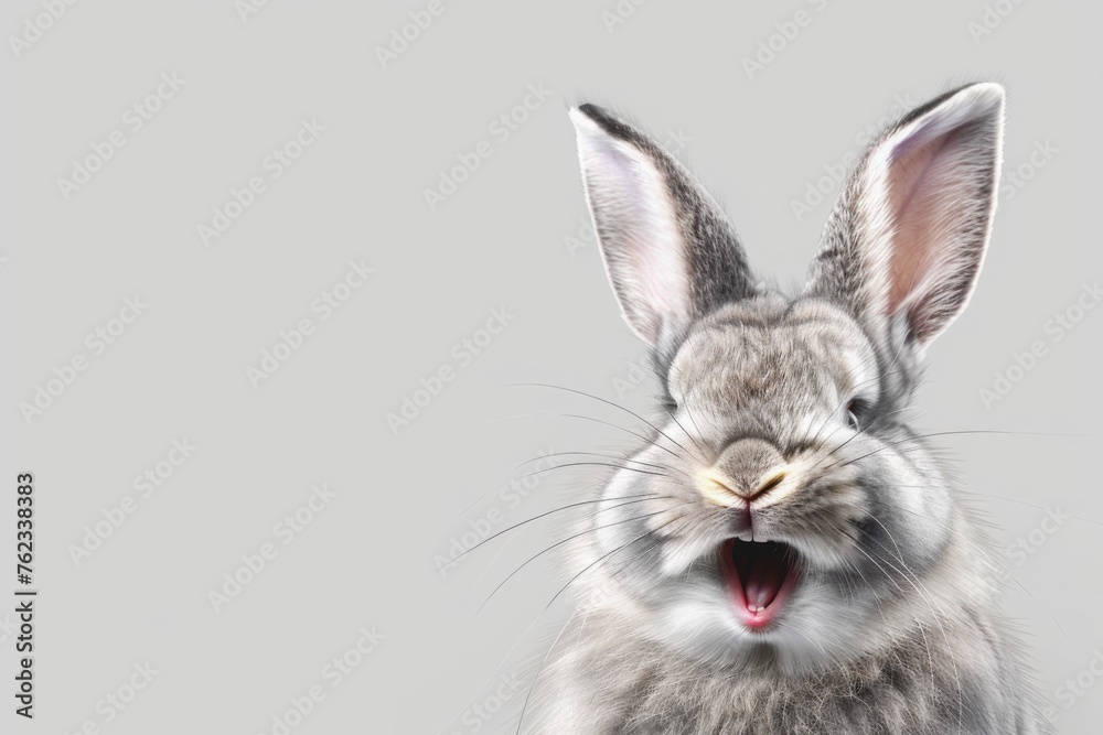Obraz premium Smiling and laughing white rabbit or bunny cute pet isolated on white background with copy space. Animal portrait for Easter celebration, spring festival, pet adoption, and humane society campaign
