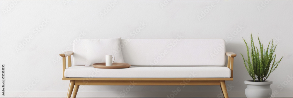 Minimalistic living room interior with white sofa, wooden tray with cup and plant in pot near by - obrazy, fototapety, plakaty 