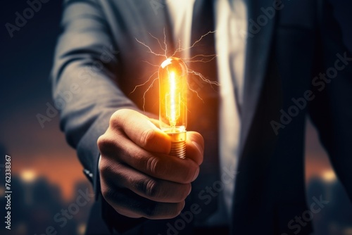 A man in a suit holding a light bulb, perfect for business concepts