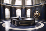 Futuristic office interior with large windows, blue and gold accents, and a large compass rose on the wall.