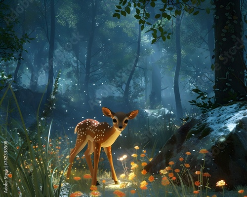 a lost fawn ventures through a lush, mystical forest, encountering a dreamlike wonderland filled with glowing fireflies, vibrant foliage