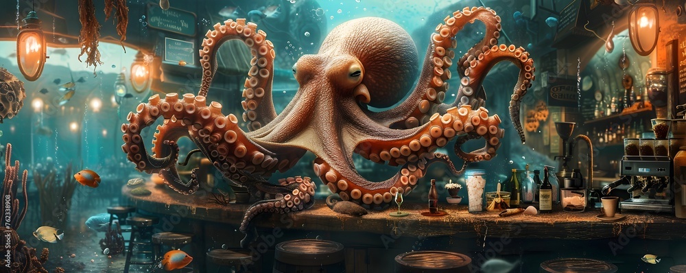 Fototapeta premium Enchanting Underwater Coffee Shop Teeming with Curious Octopus Baristas and Aquatic Patrons