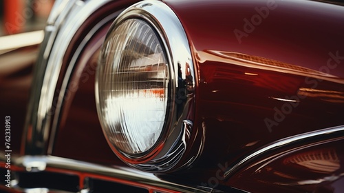 Detailed view of a red car's headlight, suitable for automotive themes