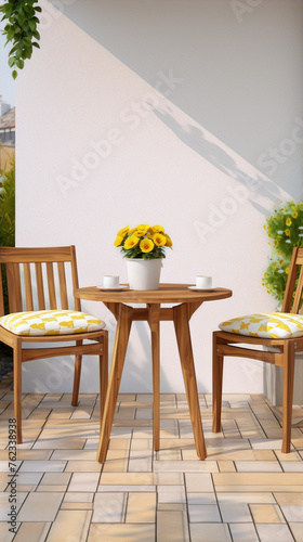 3D rendering of a cozy balcony with a table, two chairs, and a potted plant with yellow flowers.