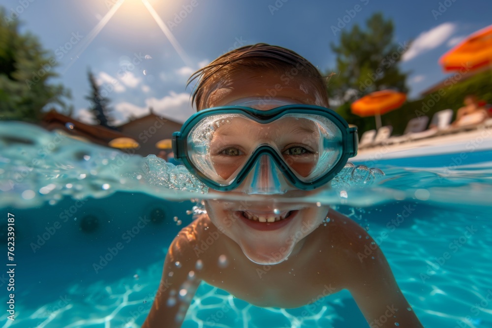 Naklejka premium Cute smiling child having fun swimming and diving in the pool at the resort on summer vacation. Sun shines under water and sparkling water reflection. Activities and sports to happy kid