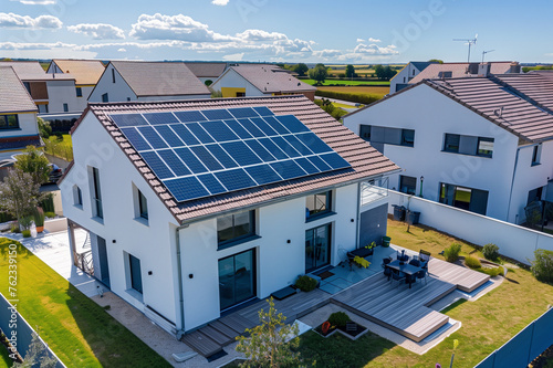 Maison moderne équipée de nombreux panneaux solaires photovoltaique