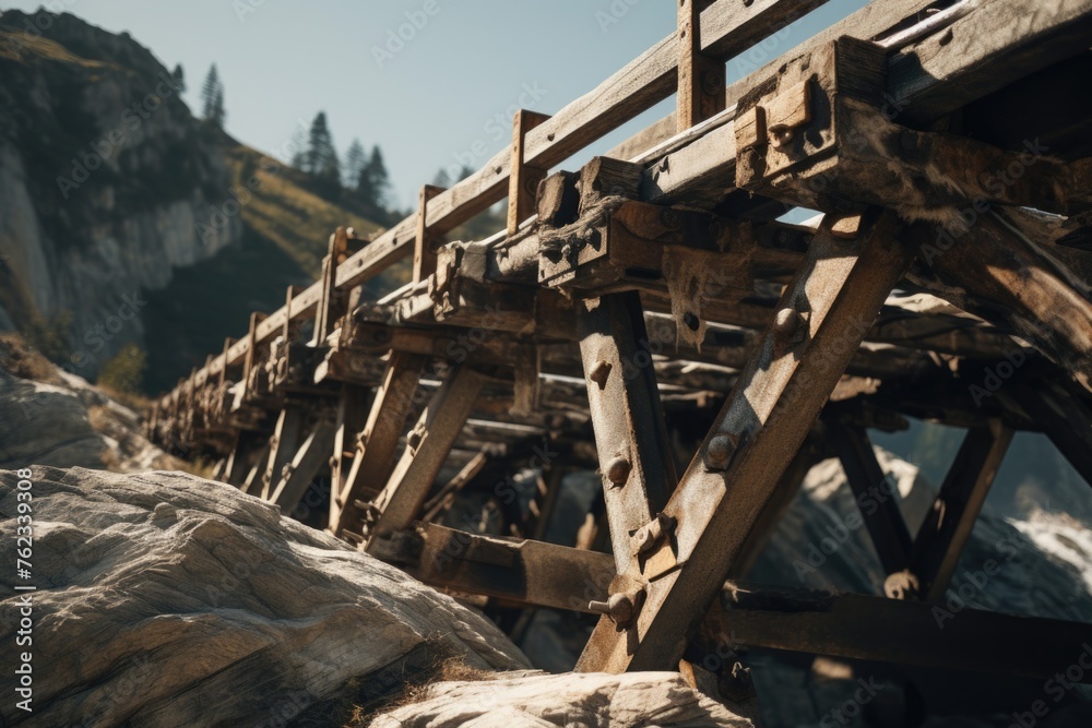 Scenic wooden bridge over river with majestic mountain backdrop. Perfect for travel and nature themed designs Scenic wooden bridge over river with majestic mountain backdrop. Perfect for travel and nature themed designs