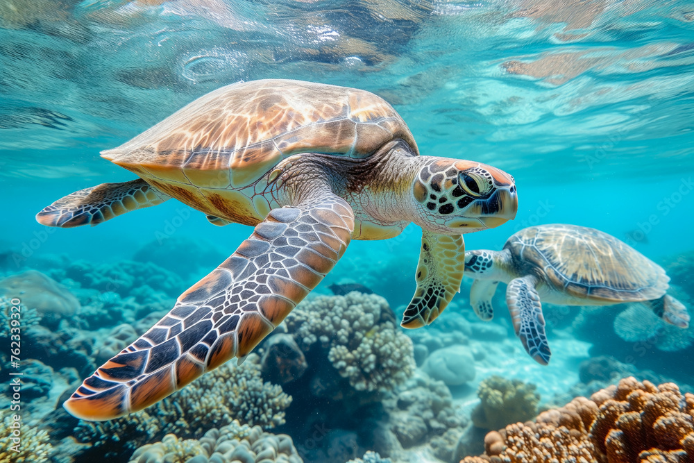 Sea turtles swimming through the crystal-clear waters of the Great Barrier Reef, with vibrant coral reefs as their backdrop. Sea turtles swimming through the crystal-clear waters of the Great Barrier Reef, with vibrant coral reefs as their backdrop.