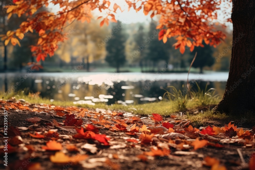 Fallen leaves scattered on the ground by the water, ideal for nature and autumn themed projects