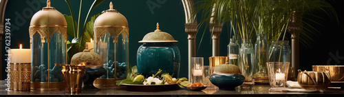 Luxury home decor still life with gold and teal accents in a dark green background