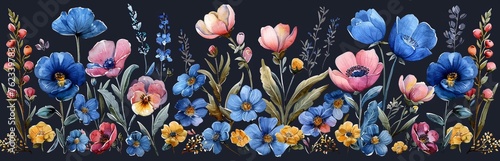 A picturesque watercolor illustration of a variety of flowers, including anemones and cornflowers, with rich detail and clipart
Concept: art and nature, in botanical books and textbooks, flora and pla photo