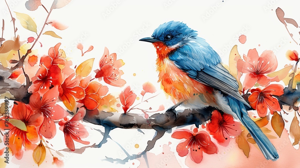A delightful watercolor illustration of a bright blue bird surrounded by multicolor flowers and green leaves,
  Concept: art and nature, in botanical books and textbooks, flora and plant growing.