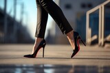 A woman's legs in high heels on a sidewalk. Suitable for fashion or urban lifestyle themes