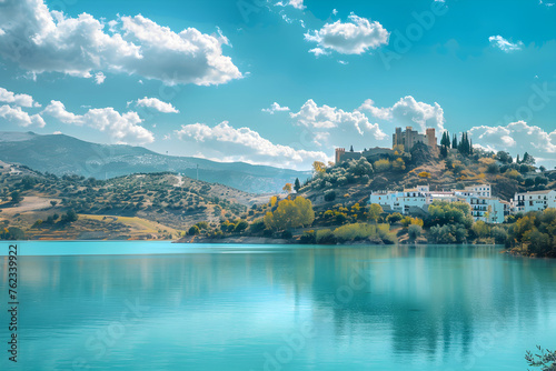 Breathtaking view of Lake Iznajar and Historical Town Nestled Amidst Hills in Andalusia, Spain.