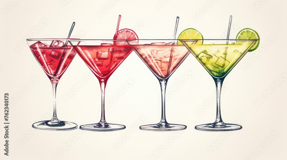 Vibrant image of three cocktail glasses with different colored drinks. Perfect for beverage and party concepts Vibrant image of three cocktail glasses with different colored drinks. Perfect for beverage and party concepts